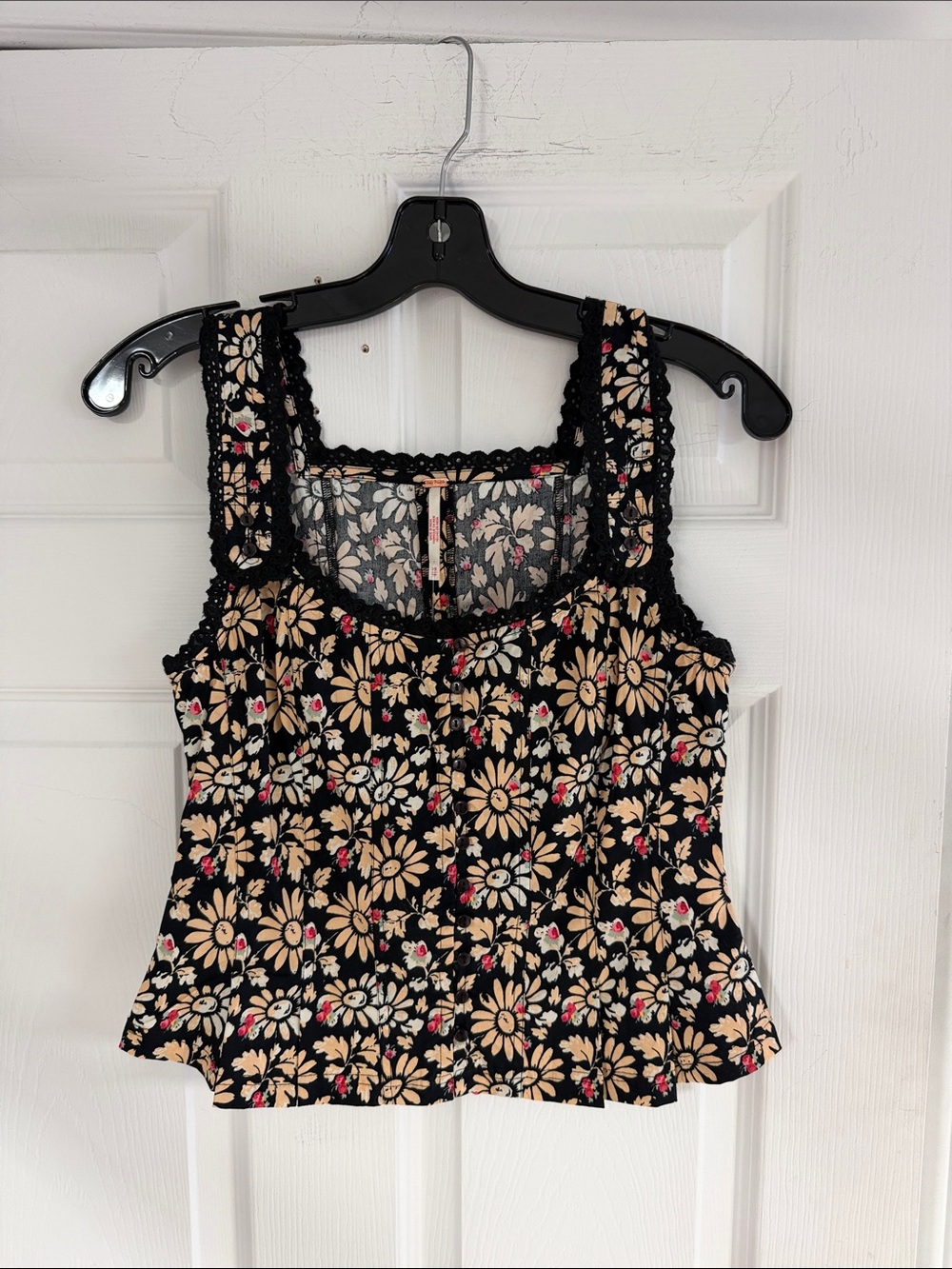 Free People Black Floral Crochet-Trim Tank with Beige and Pink Flowers